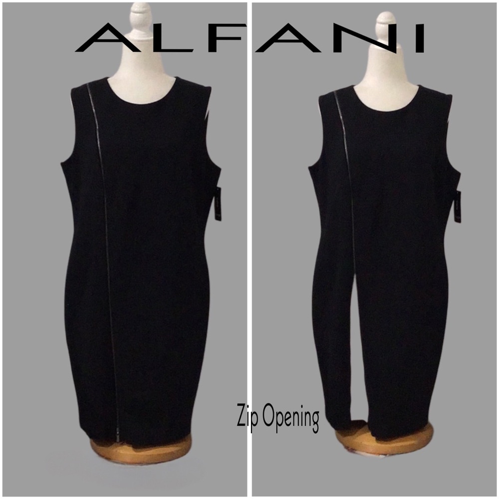 New ALFANI Black Scuba Dress with White Insert Behind the Front Zipper, Size 16